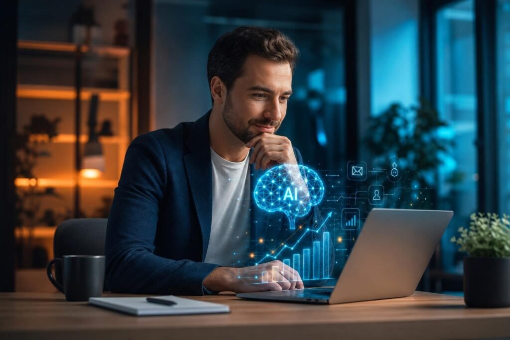 AI Marketing Audit — magyar kisvállalkozó AI-eszközökkel dolgozik laptopnál