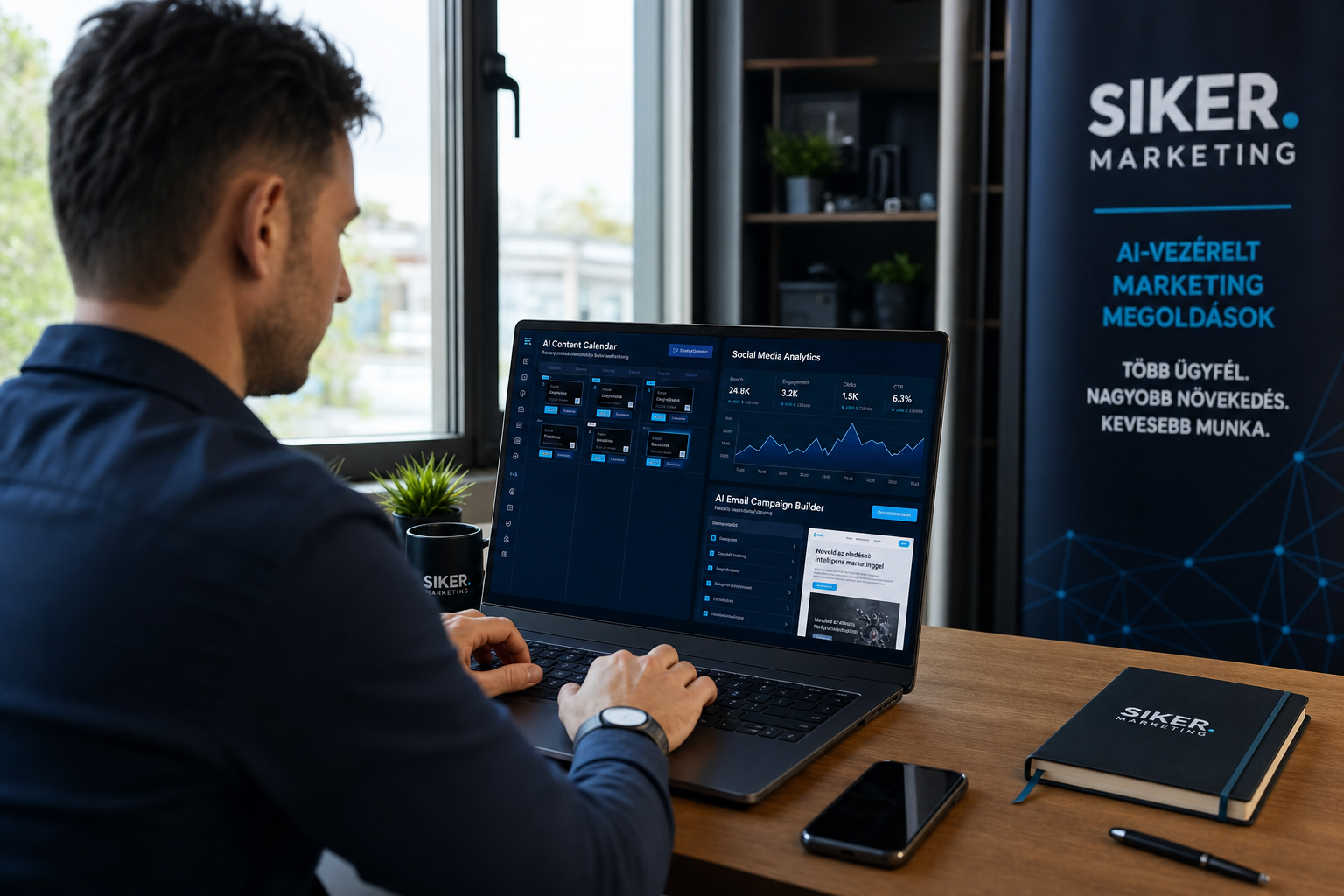 AI marketing magyar kisvállalkozónak — laptop AI dashboarddal, content calendar és analytics 2026-os útmutató