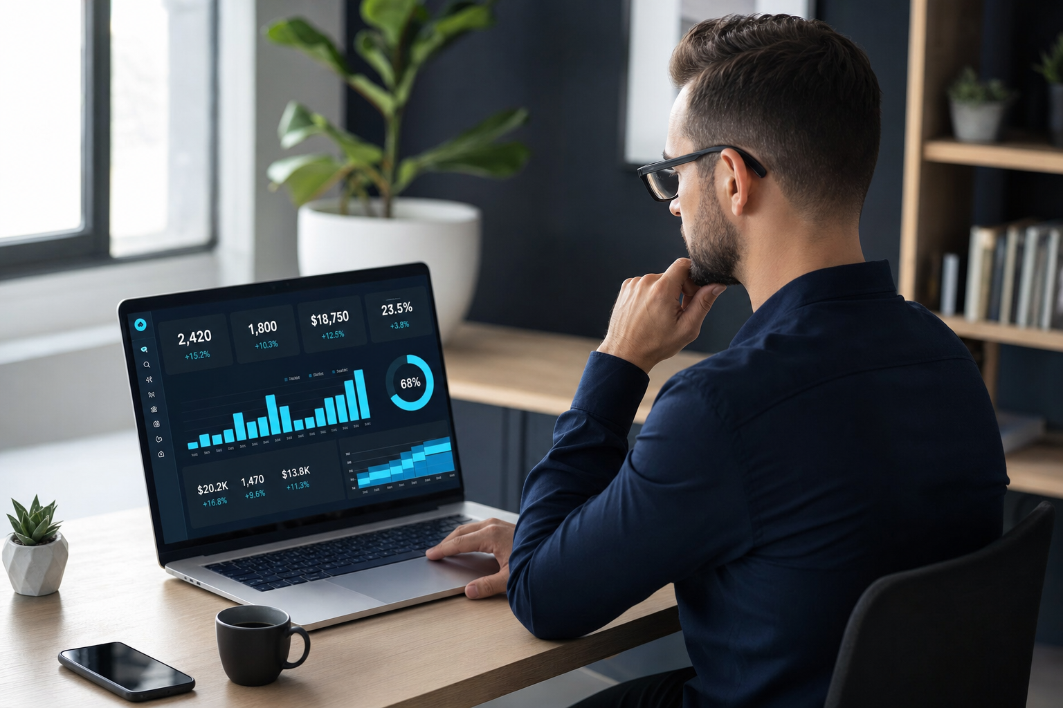 AI marketing ROI dashboard — magyar kisvállalkozó ROI-számítás laptopon, növekvő bevétel-grafikonok