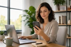 Vállalkozó nő telefonján olvassa a hírlevelét az íróasztalánál