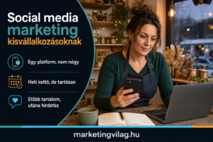Kisvállalkozó a social media posztjait tervezi telefonon és laptopon