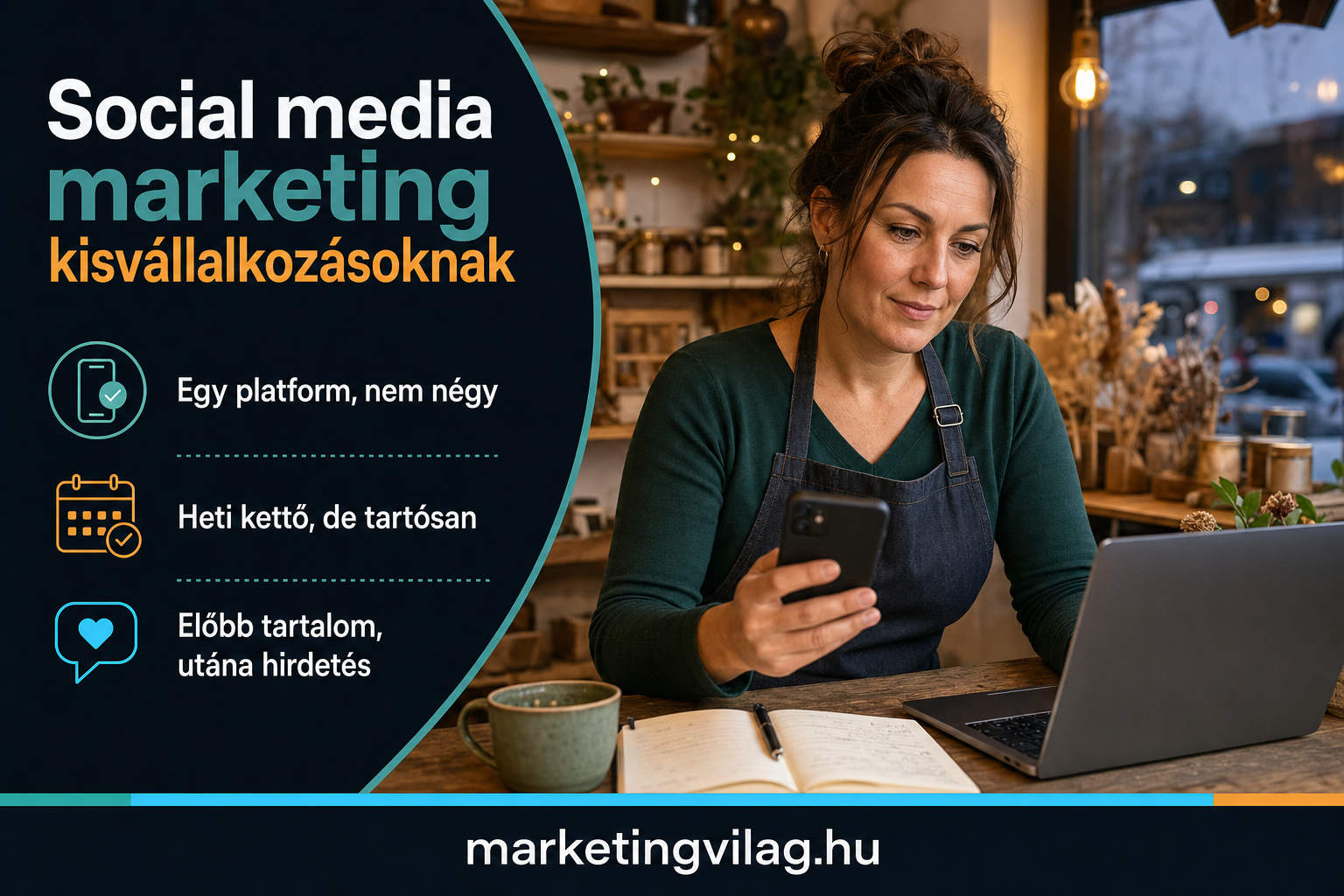 Kisvállalkozó a social media posztjait tervezi telefonon és laptopon