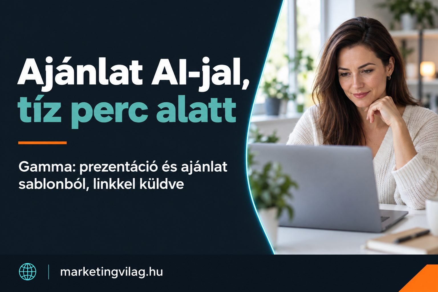Gamma prezentáció AI-jal: vállalkozó nő laptopon készíti az ajánlatát