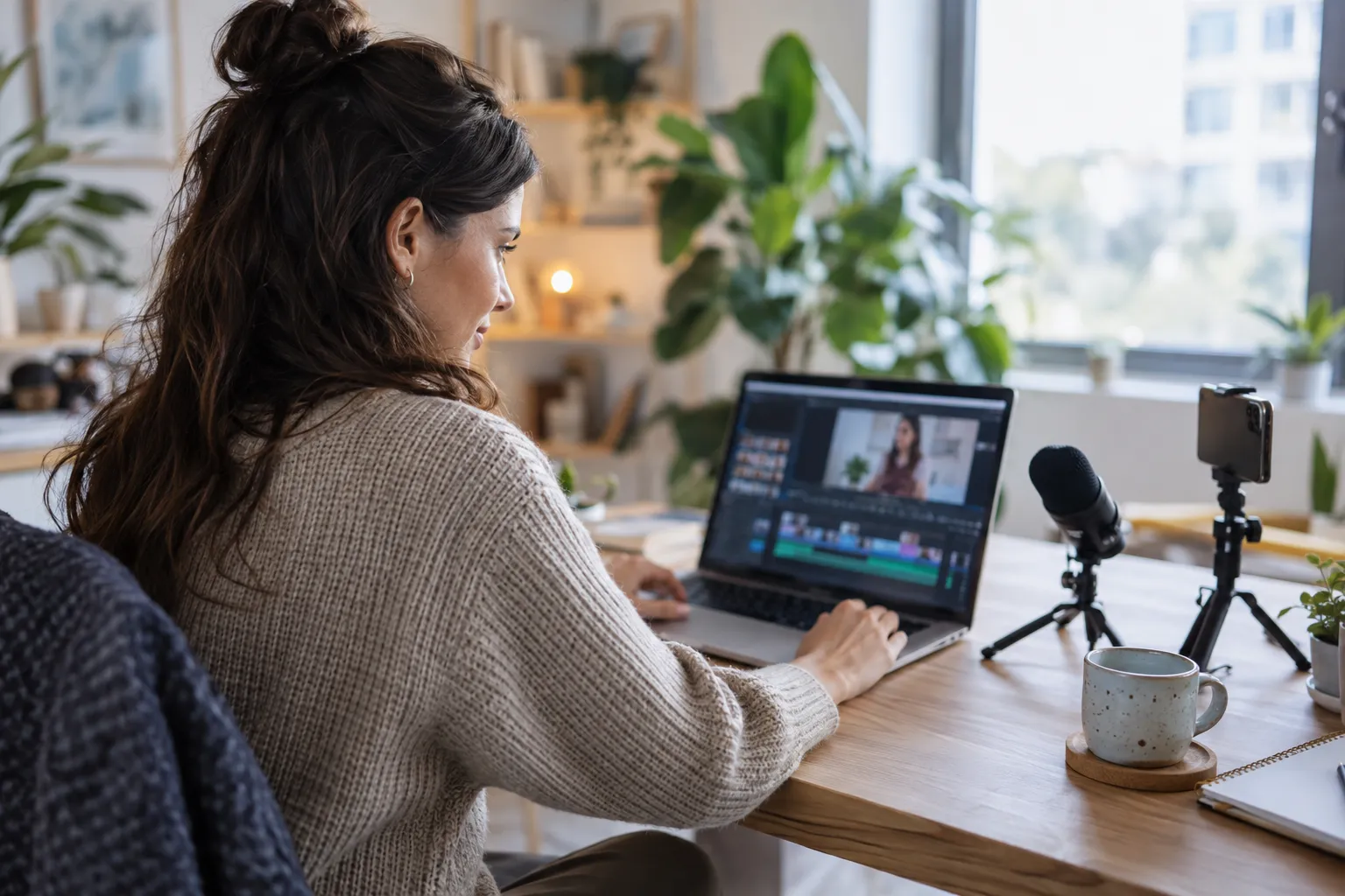 OpusClip: hosszú videóból rövid klipek – tartalomkészítő videót vág laptopon