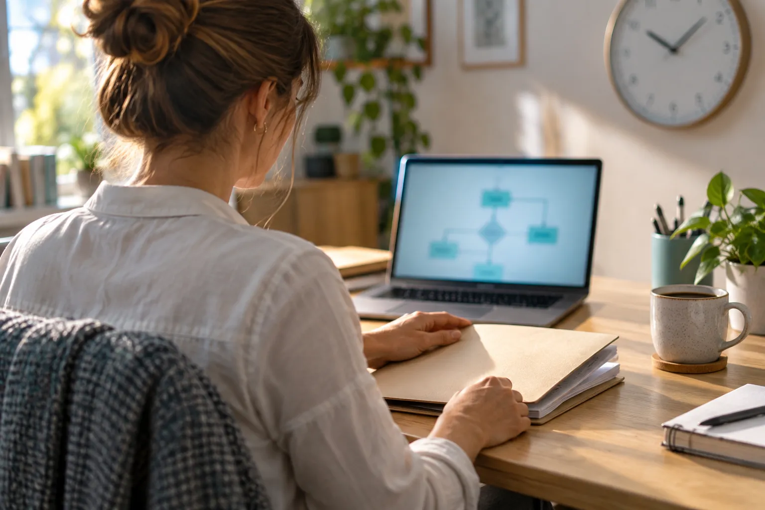 Visszatérő feladatok automatizálása: vállalkozó nő a laptopján egy automatizált munkafolyamatot néz